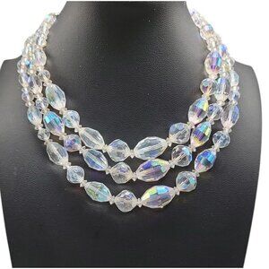 Aurora Borealis Choker Necklace Multistrand Glass Graduated 14" Beaded Chain